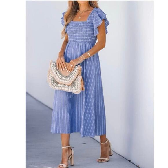 Cupshe Blue Pinstriped Smocked Maxi Beach Dress Ruffle Cap Sleeve Size Large NEW - Picture 8 of 13